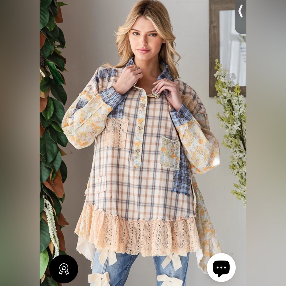 New Oli & Hali Ruffled Lace Hem Button Up Plaid Shirt Oversized